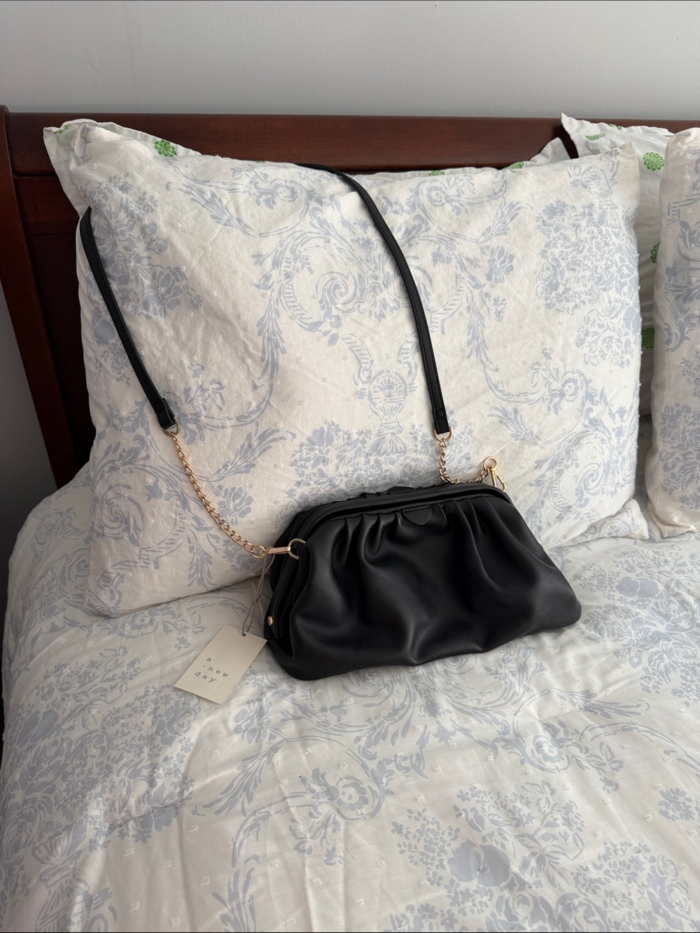a new day Black Gathered clutch or crossbody  Bag with Gold Chain